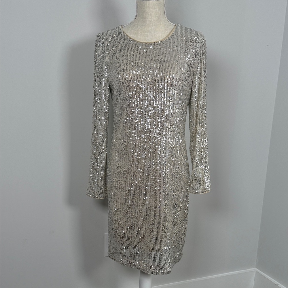 Eliza J Silver Sequin Long Sleeve Cocktail Dress